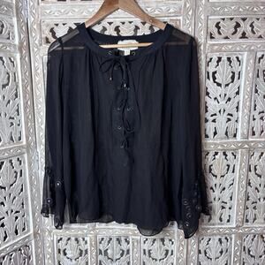 Artelier Nicole Miller Black Sheer Circle Mirror Sleeves Tie Front Blouse Boho P